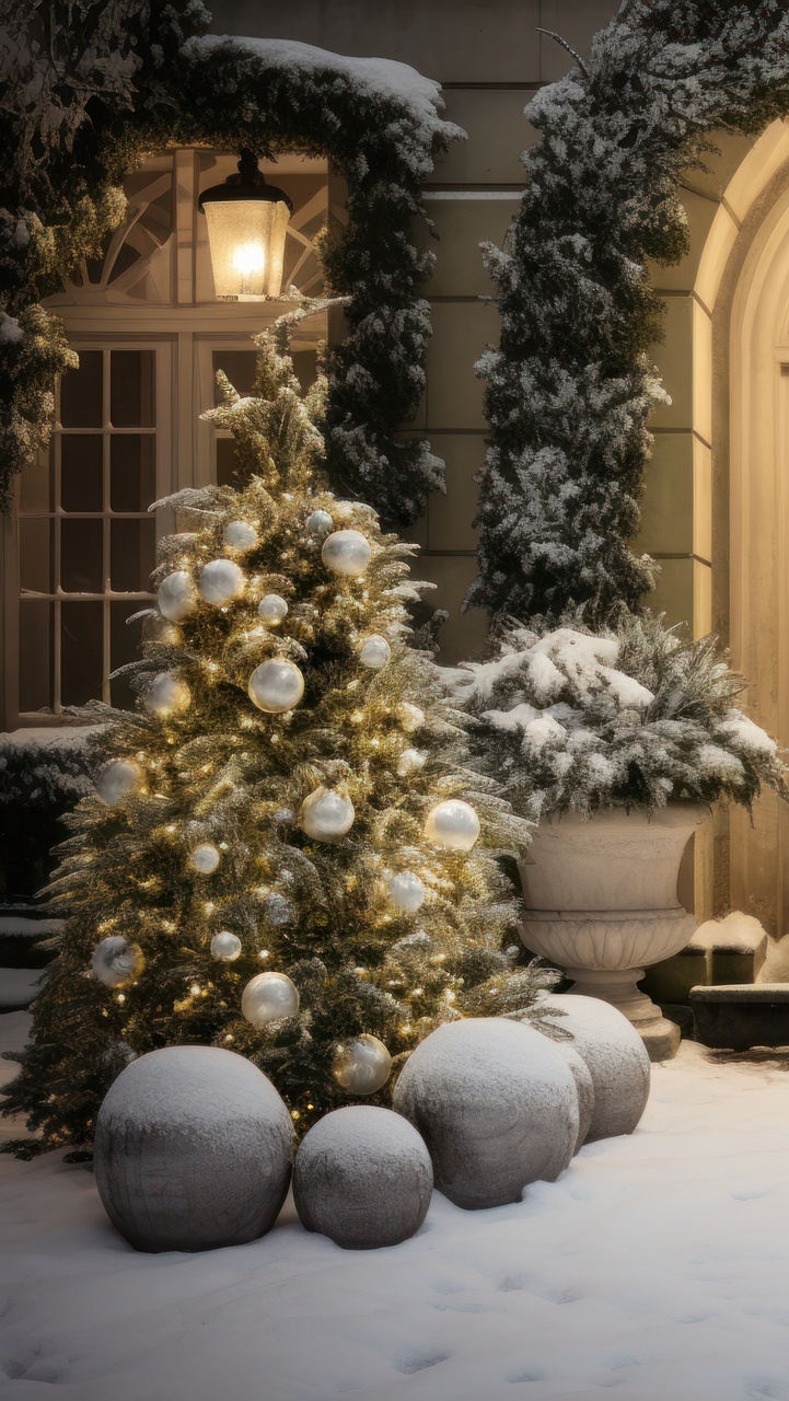 Udekorowana choinka na śniegu przed domem