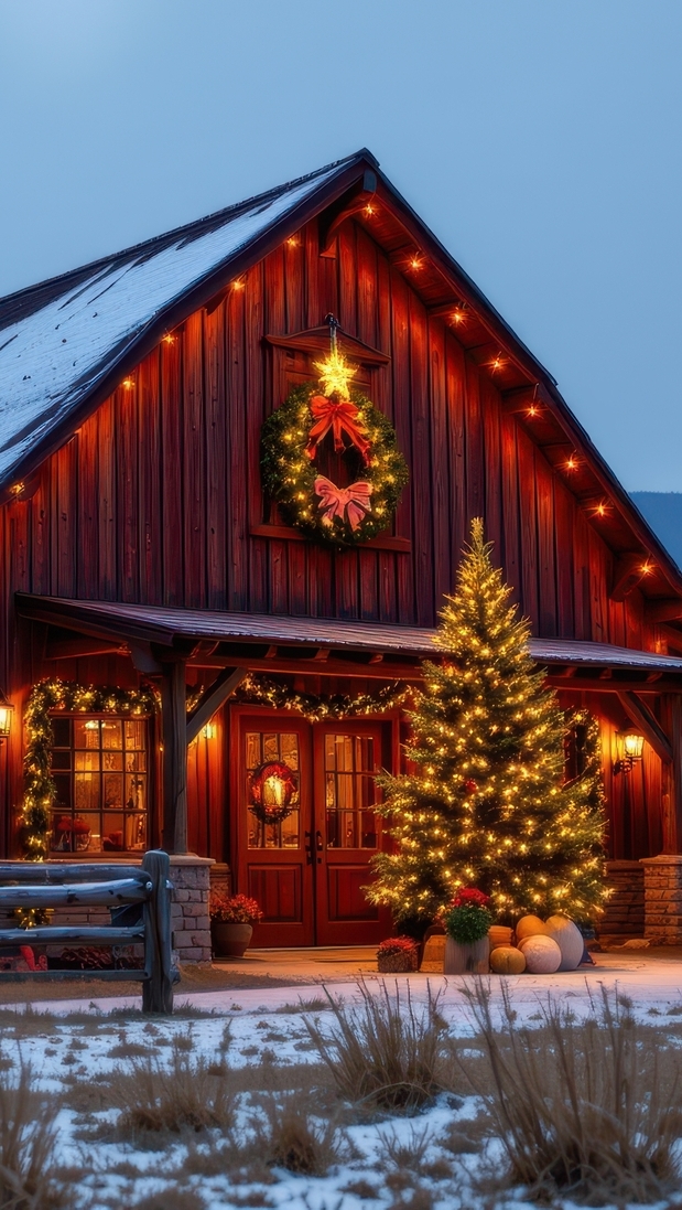 Udekorowana choinka oraz wieniec nad drzwiami drewnianego domu