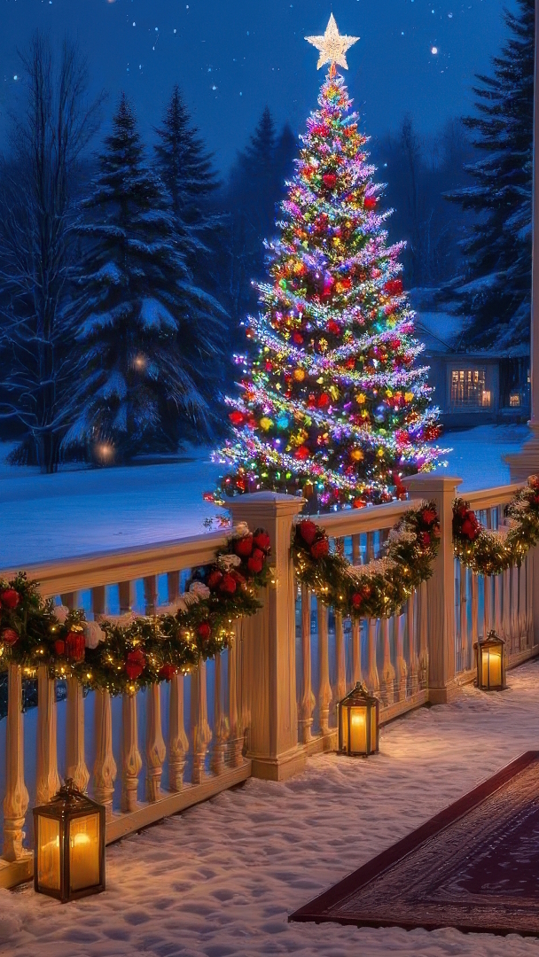 Udekorowana choinka przy ogrodzeniu z girlandami i zapalonymi lampionami