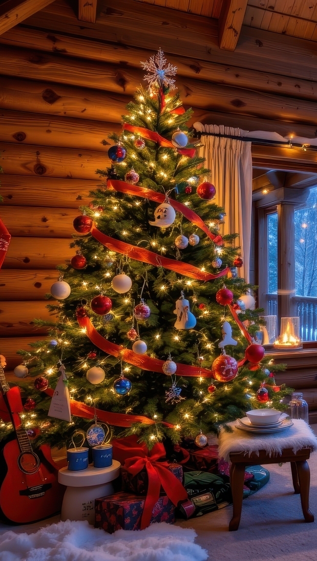 Udekorowana choinka przy oknie w pokoju