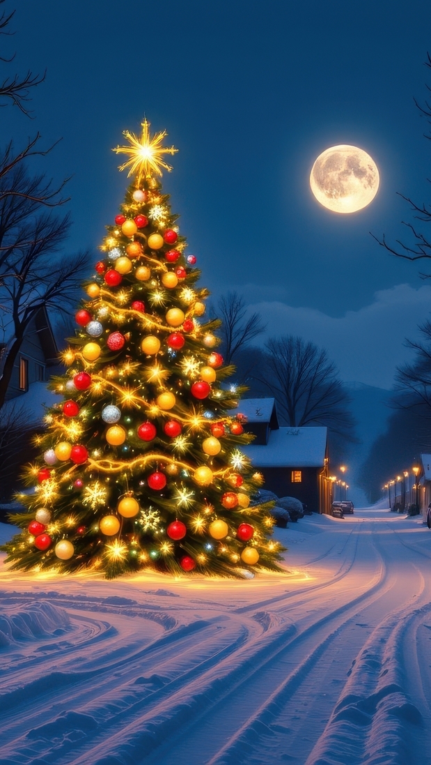 Udekorowana choinka przy zaśnieżonej drodze w księżycowym blasku