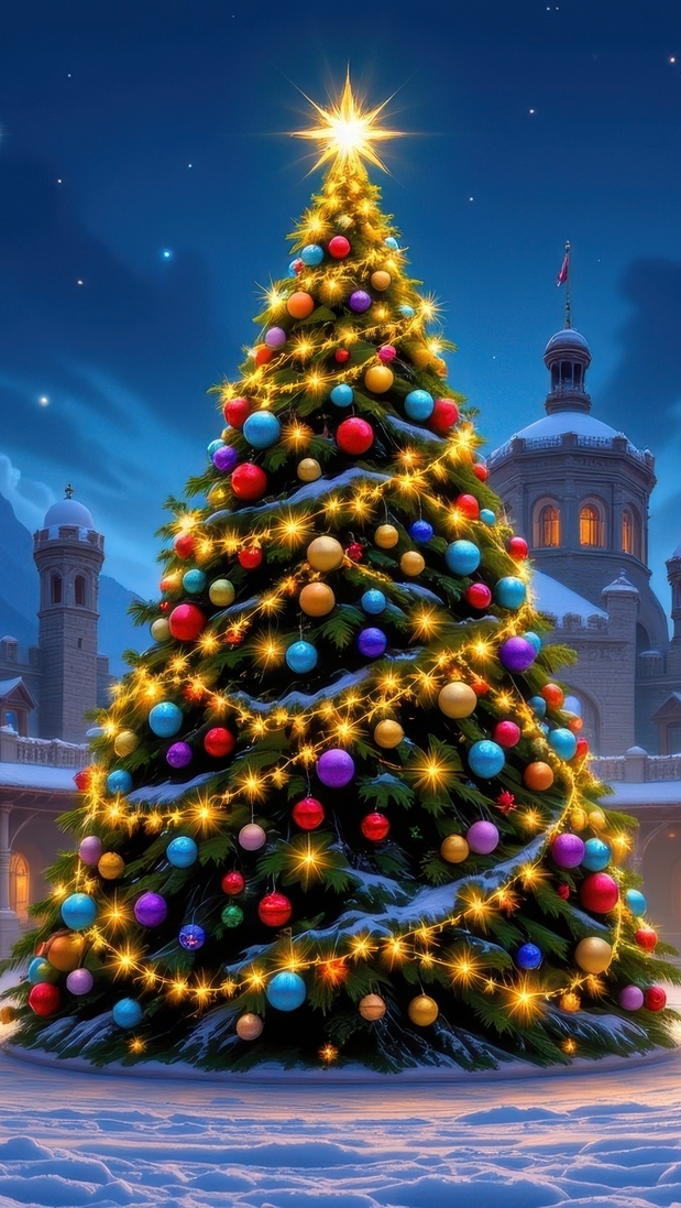 Udekorowana choinka z gwiazdą na zaśnieżonym dziedzińcu