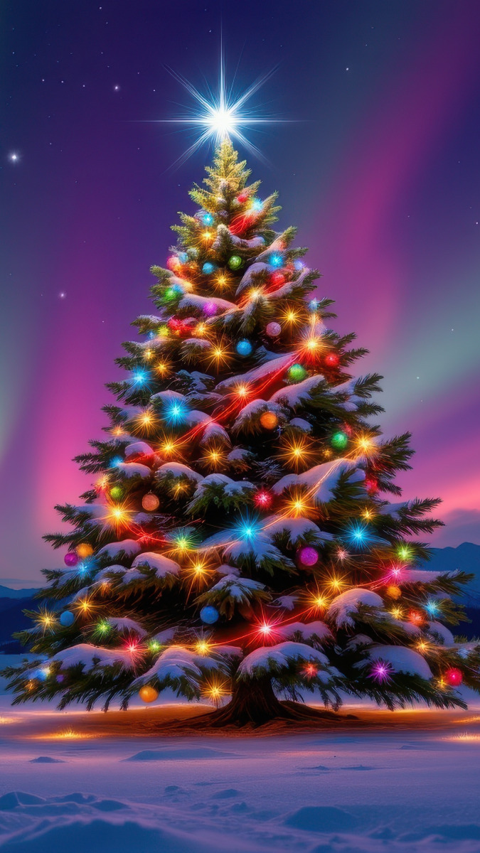 Udekorowana i oświetlona choinka z gwiazdą na tle zorzy polarnej