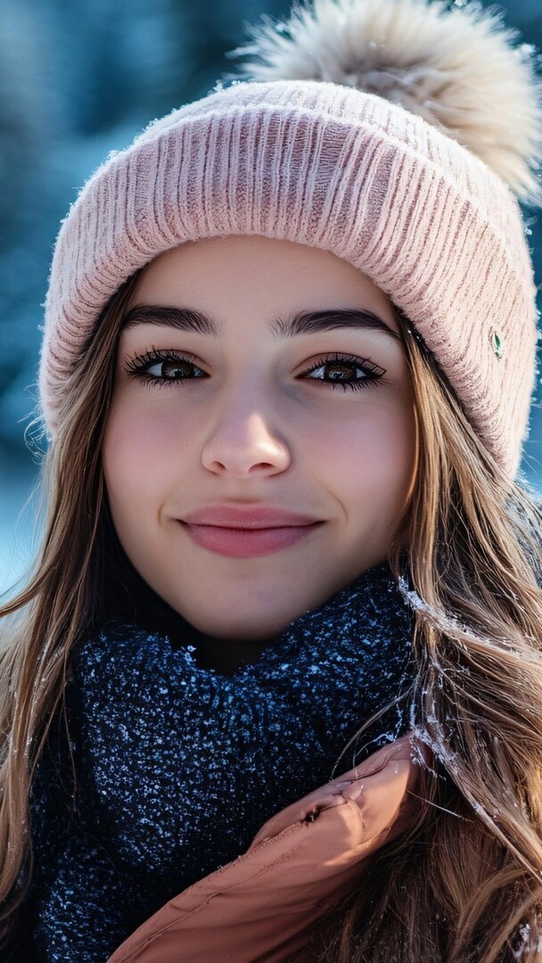 Uśmiech na twarzy kobiety w czapce i szaliku