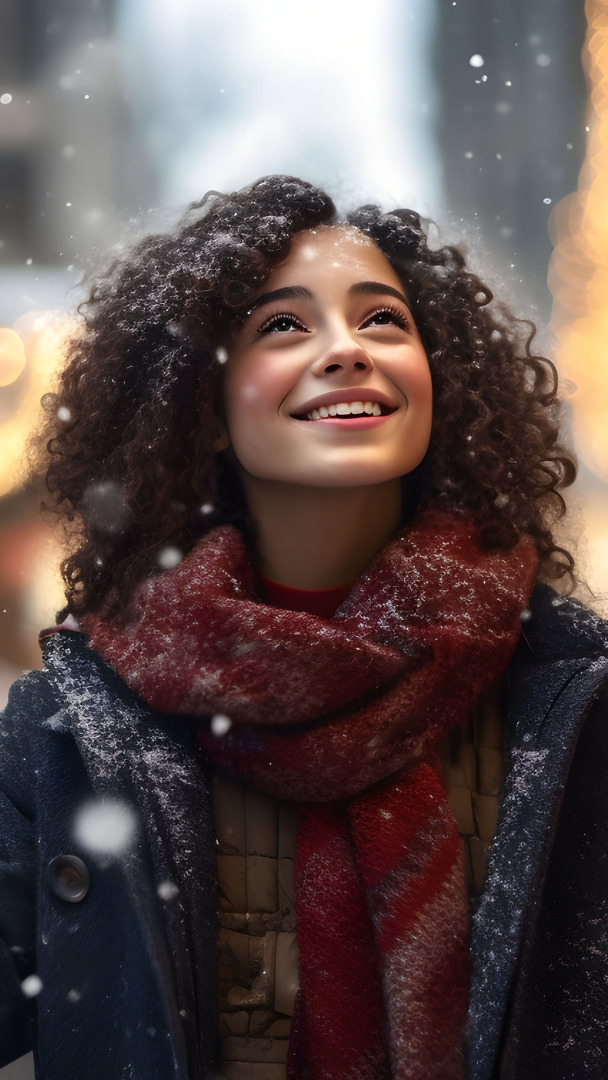 Uśmiechnięta dziewczyna w padającym śniegu