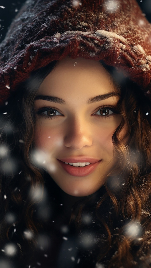 Uśmiechnięta dziewczyna ze śniegiem na czapce