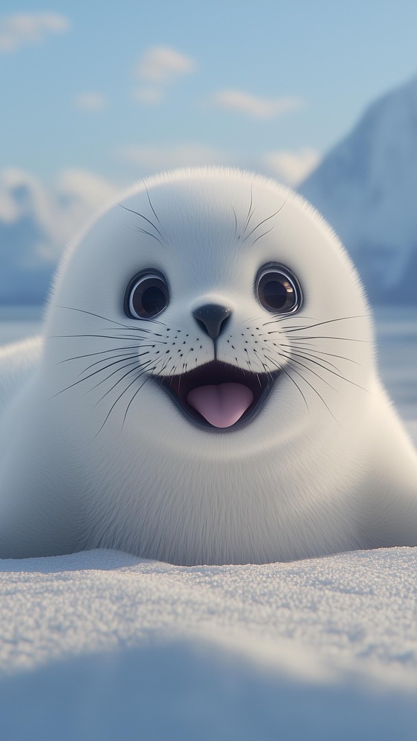 Uśmiechnięta mała foka na śniegu