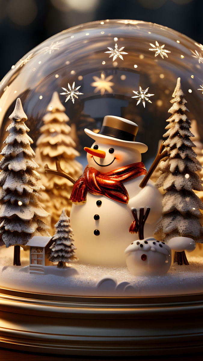 Uśmiechnięty bałwanek w kapeluszu i białe choinki w szklanej kuli