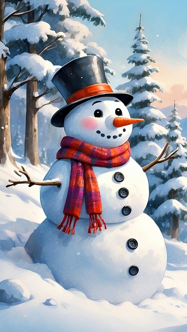 Uśmiechnięty bałwanek w kapeluszu i szaliku na tle ośnieżonych drzew