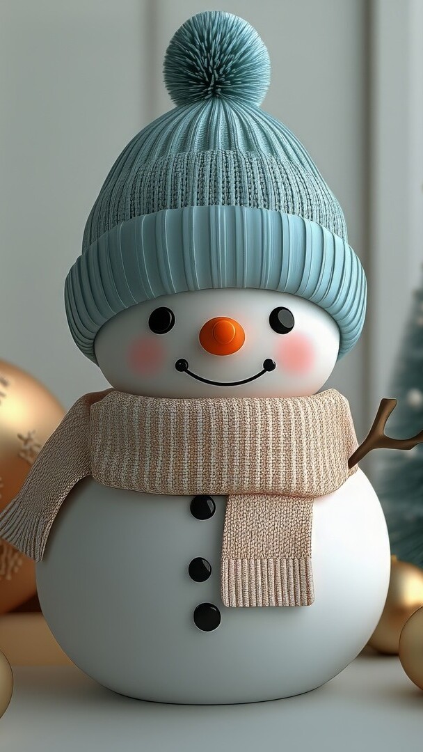 Uśmiechnięty bałwanek w niebieskiej czapce i beżowym szaliku