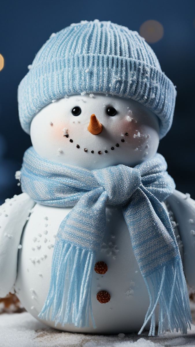 Uśmiechnięty bałwanek w niebieskiej czapce i szaliku