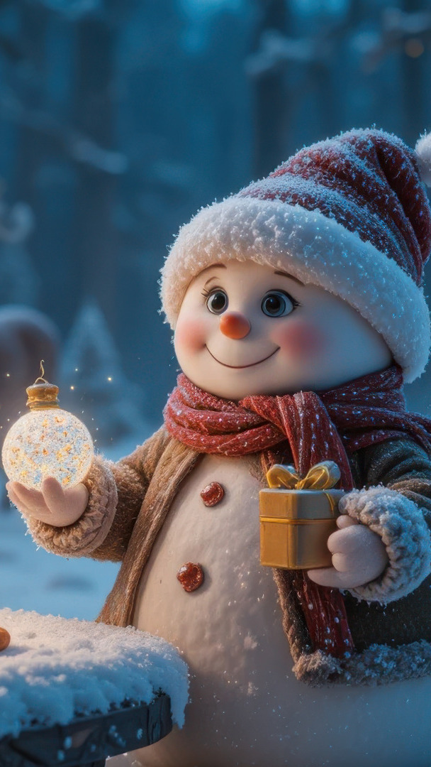 Uśmiechnięty bałwanek w zimowym ubranku z prezentem i świecącą kulą