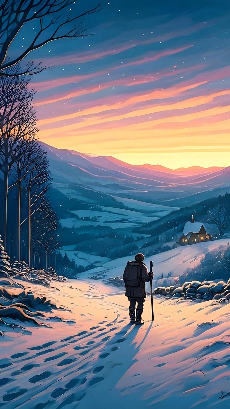 Wędrowiec na ośnieżonej drodze z widokiem na góry