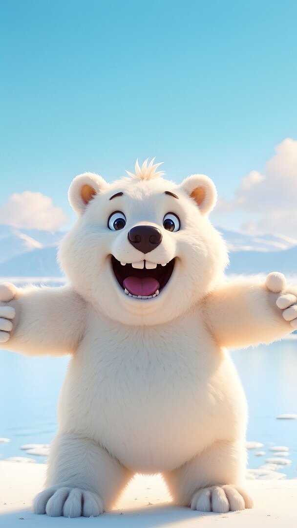 Wesoły niedźwiedź polarny na tle gór