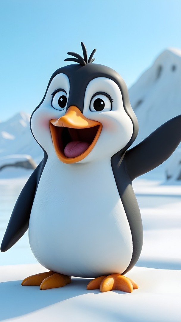 Wesoły pingwin na śniegu
