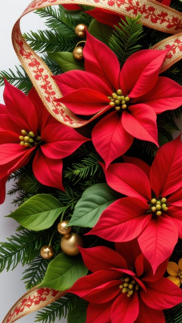 Wianek ozdobiony kwiatami gwiazdy betlejemskiej i wstążkami