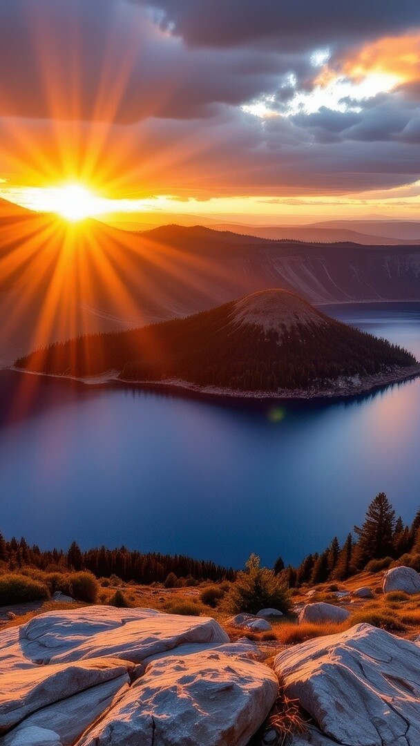 Widok na wyspę na jeziorze i promienie zachodzącego słońca nad górami
