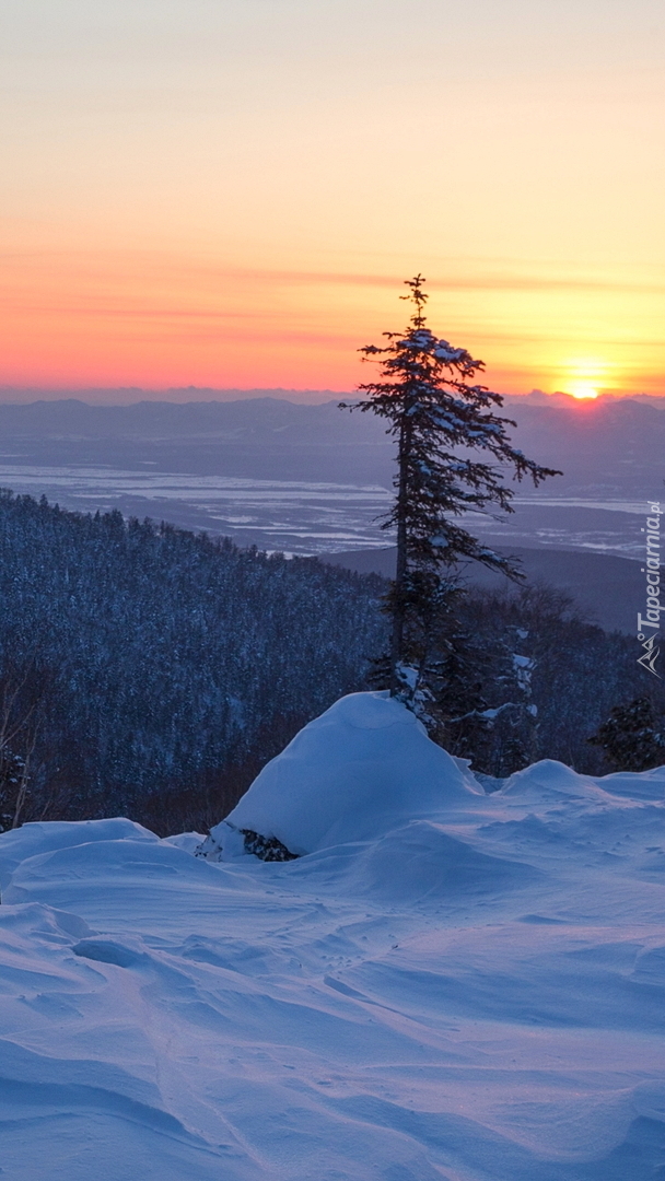 Widok z zaśnieżonego wzgórza na zachód słońca