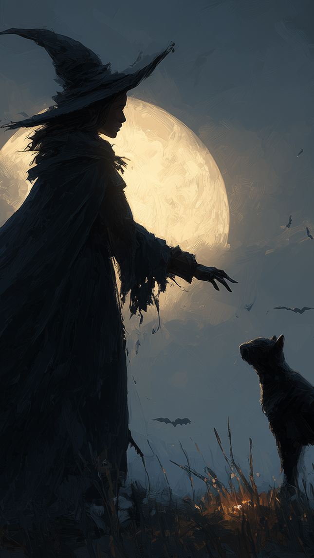 Wiedźma i czarny kot na tle księżyca