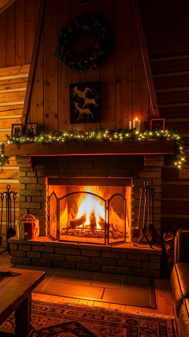 Wieniec i światełka nad kominkiem w salonie