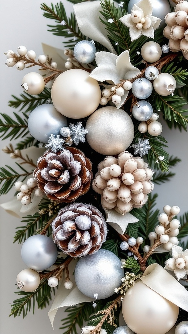 Wieniec świąteczny ozdobiony szyszkami i białymi bombkami