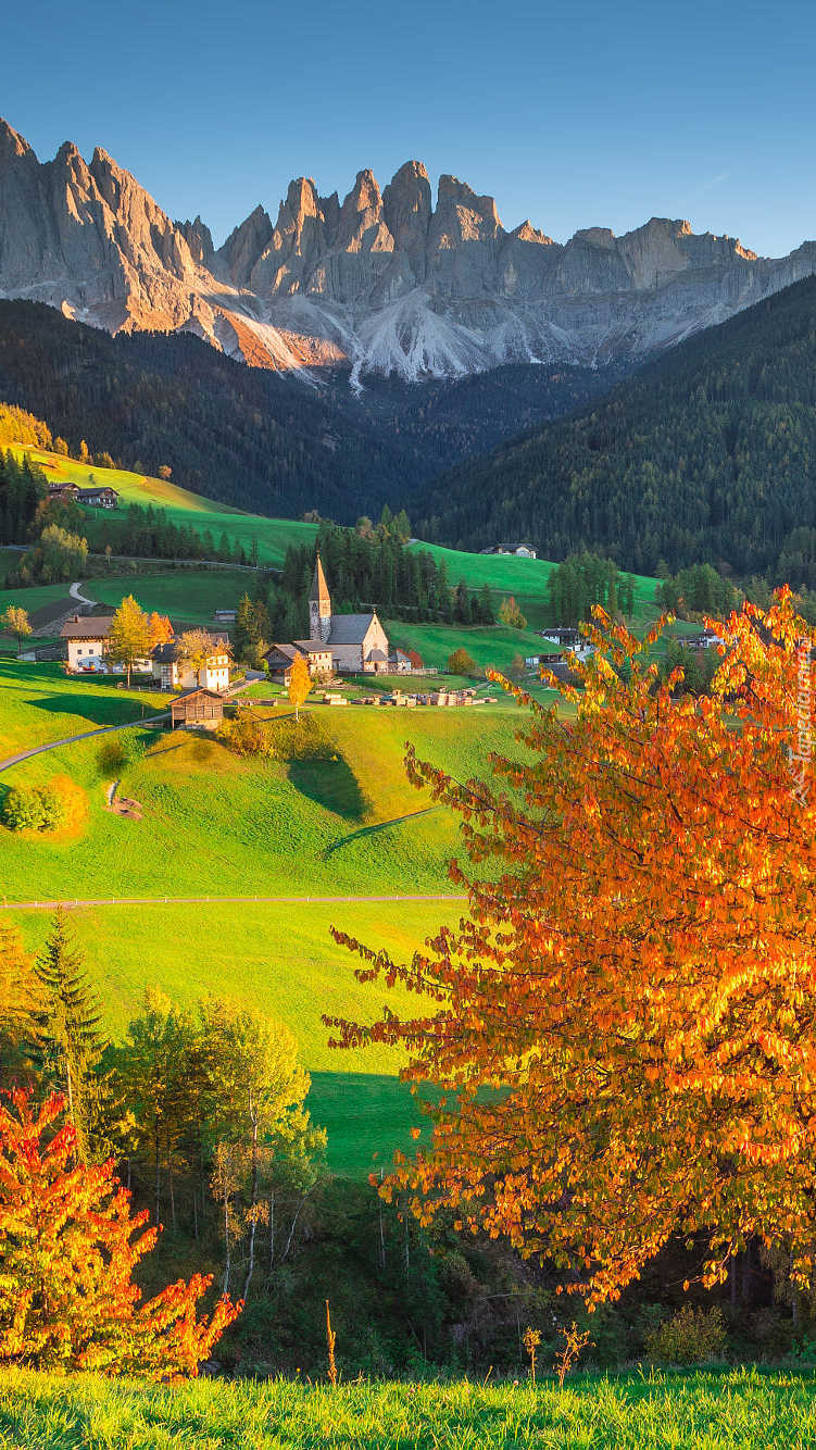 Wieś we włoskich Dolomitach jesienią
