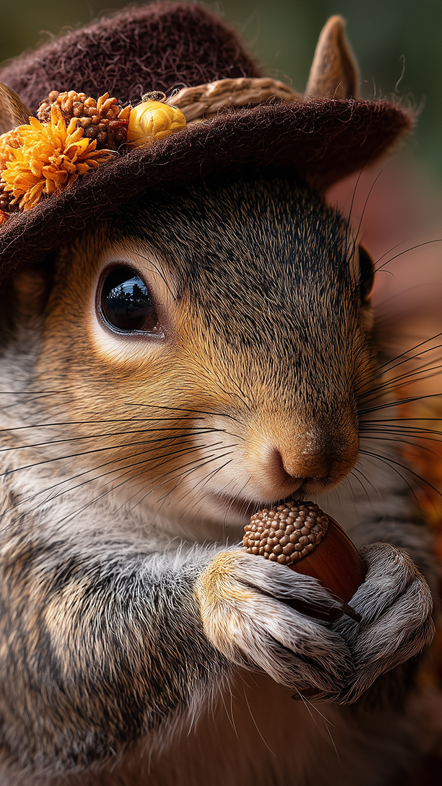 Wiewiórka w kapeluszu z żołędziem w łapkach