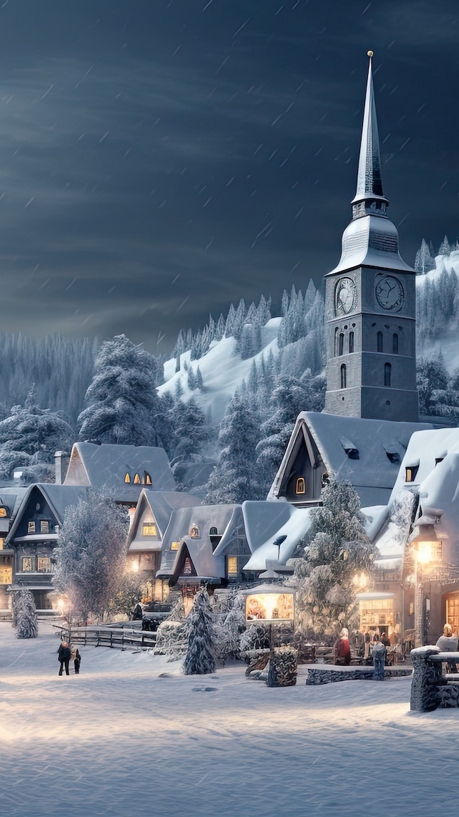Wieża kościoła i oświetlone domy w zimowej scenerii