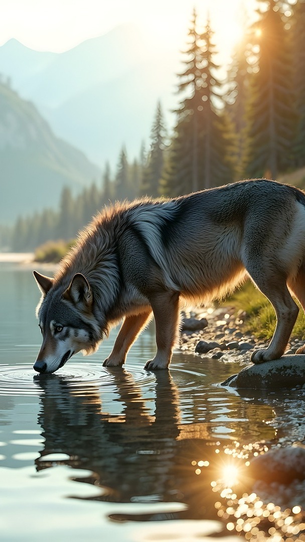 Wilk pijący wodę z górskiej rzeki