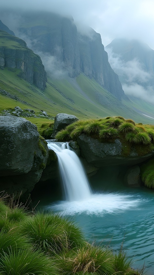 Wodospad i kamienie na brzegu rzeki z widokiem na zamglone góry