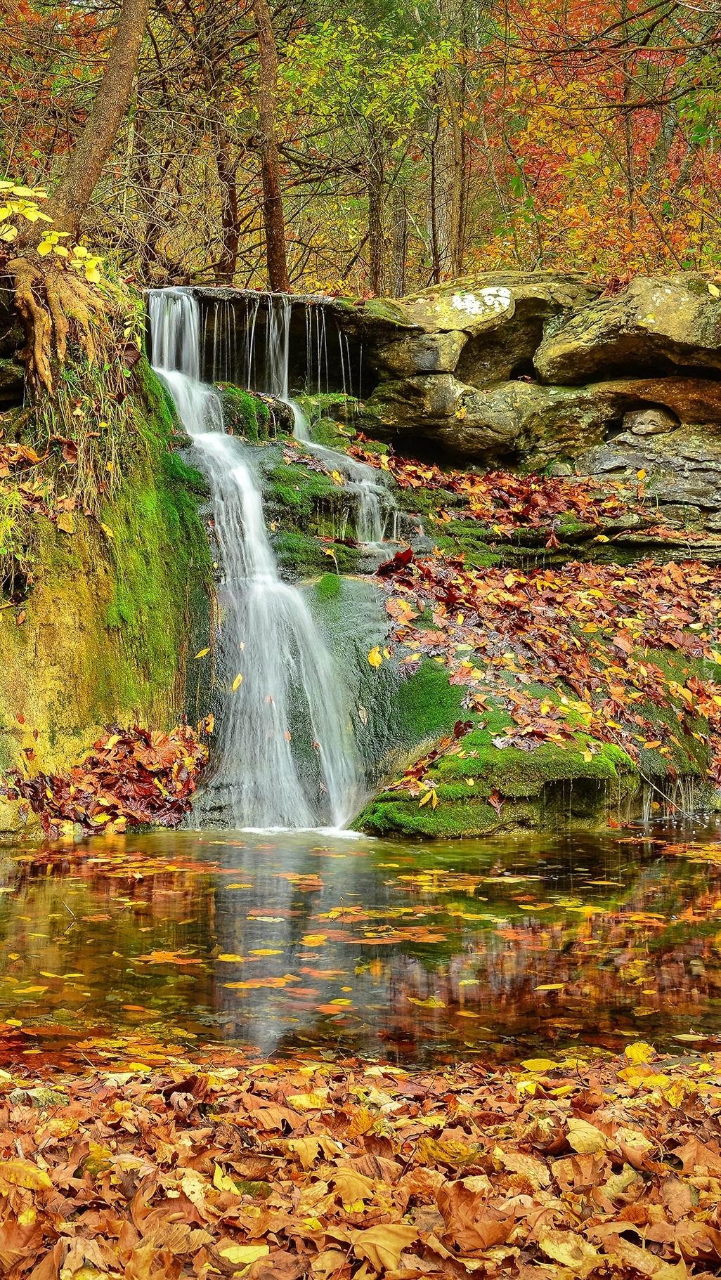 Wodospad w jesiennych liściach