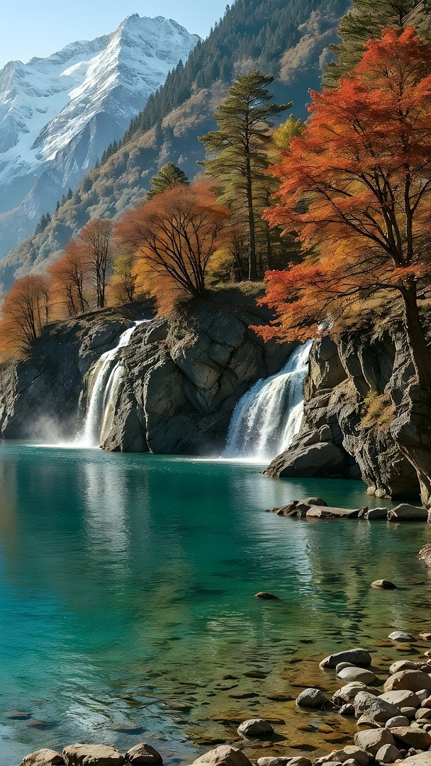 Wodospady i jesienne drzewa na skałach nad górskim jeziorem