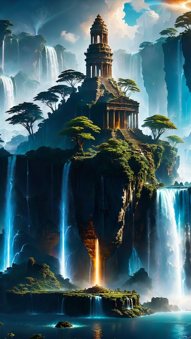 Wodospady i świątynia na skale