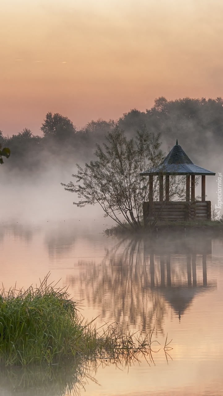 Wysepka z altanką nad stawem