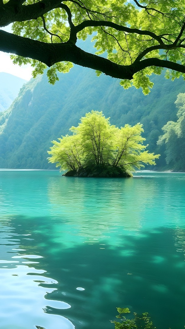 Wysepka z zielonymi drzewami na górskim jeziorze