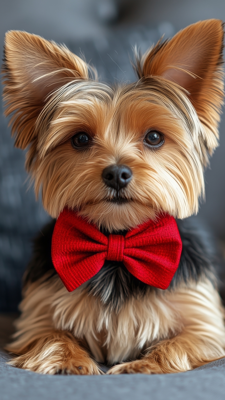 Yorkshire terrier z czerwoną muszką