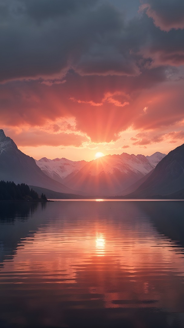 Zachmurzone niebo i zachód słońca nad górami i jeziorem