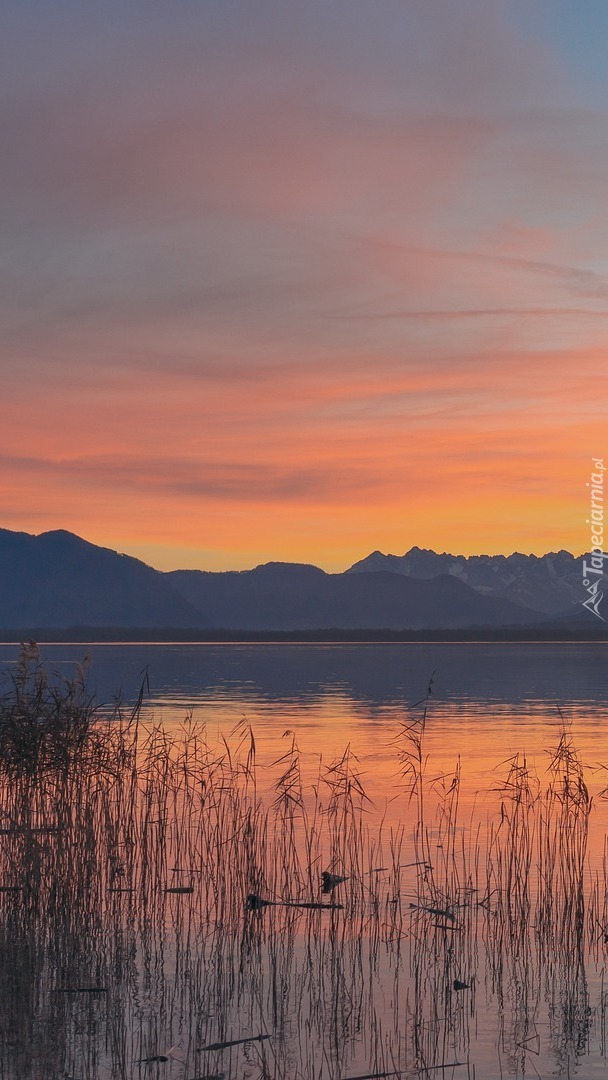 Zachód słońca nad jeziorem Chiemsee i Alpy w tle