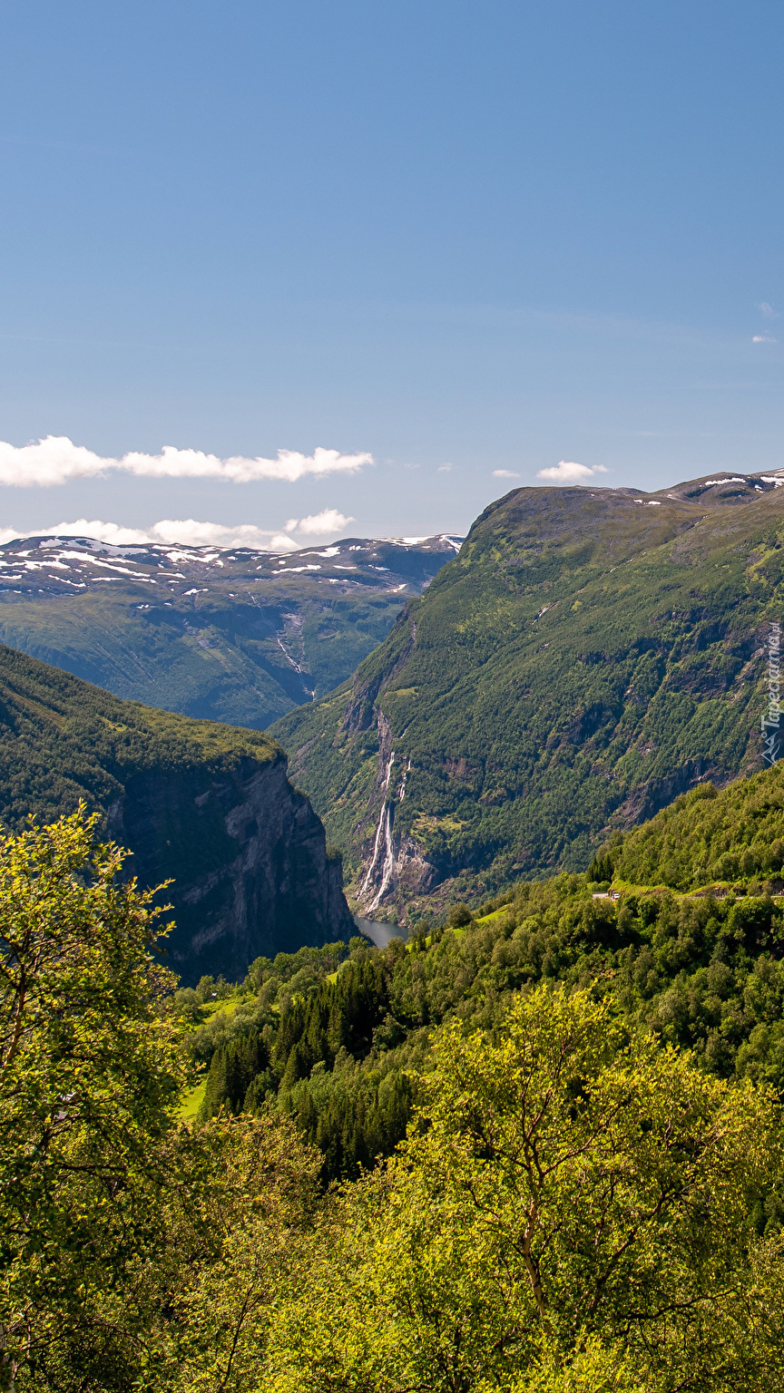 Zalesione zbocza fiordu Geirangerfjord w Norwegii