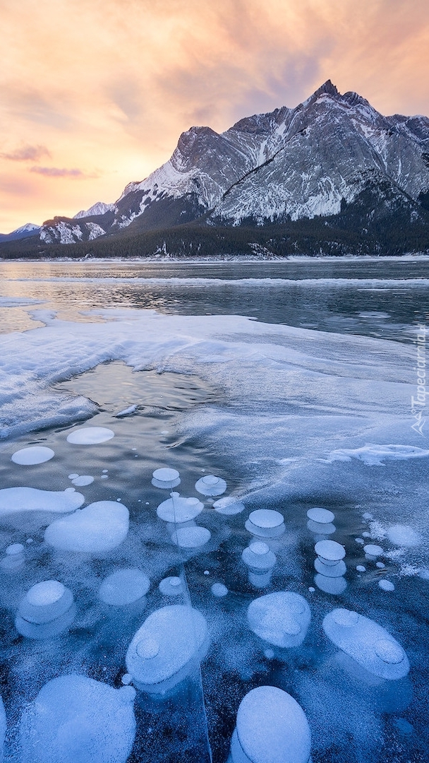 Zamarznięte jezioro Abraham Lake i góry Canadian Rockies