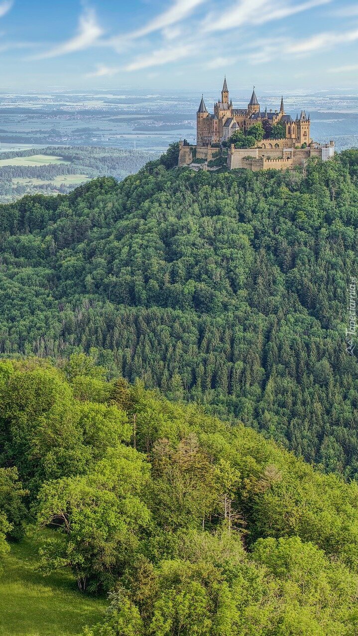 Zamek Hohenzollern na zalesionej górze