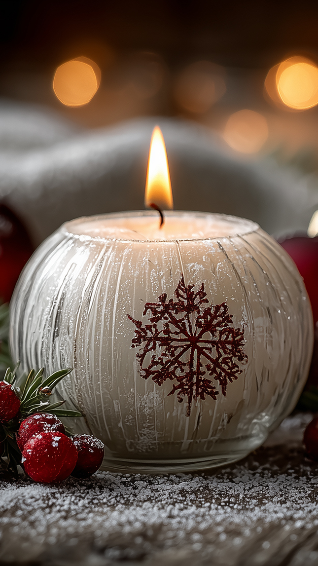 Zapalona biała świeca na ośnieżonej desce