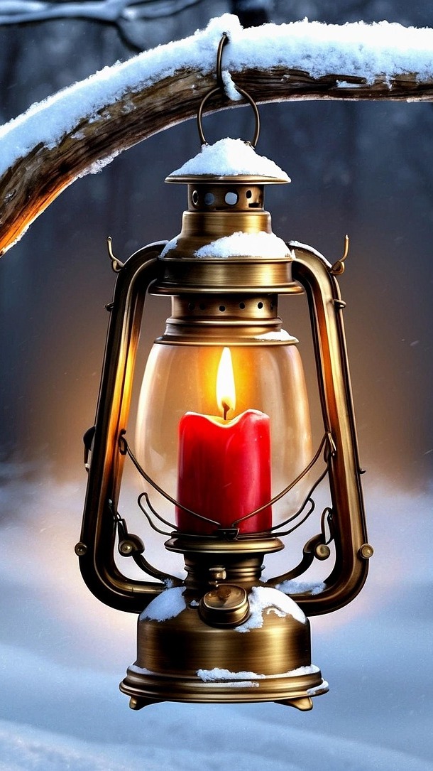 Zapalona czerwona świeca w lampionie na ośnieżonej gałęzi