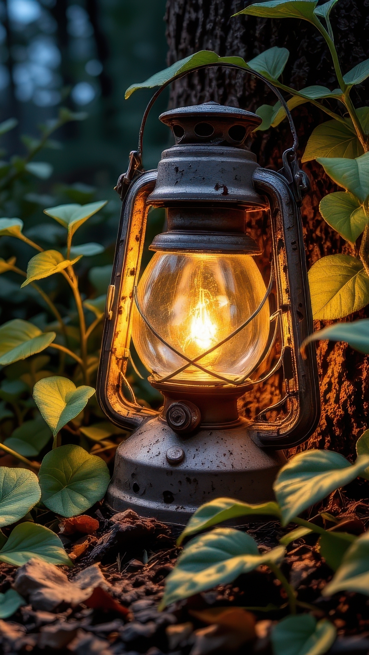 Zapalona lampa i liście pod drzewem