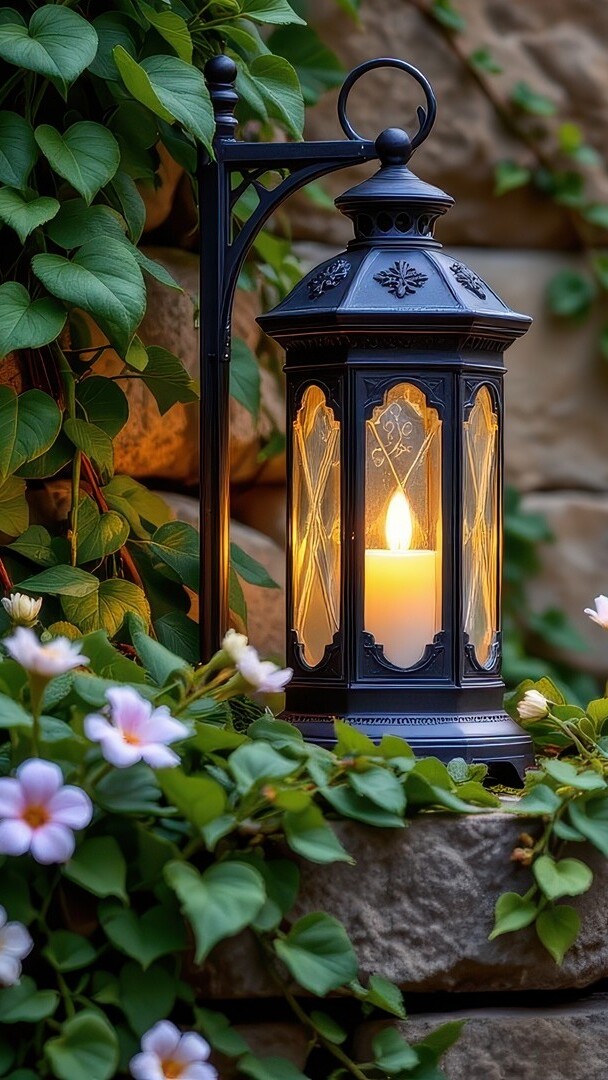 Zapalona lampa i pnące kwiaty na murze