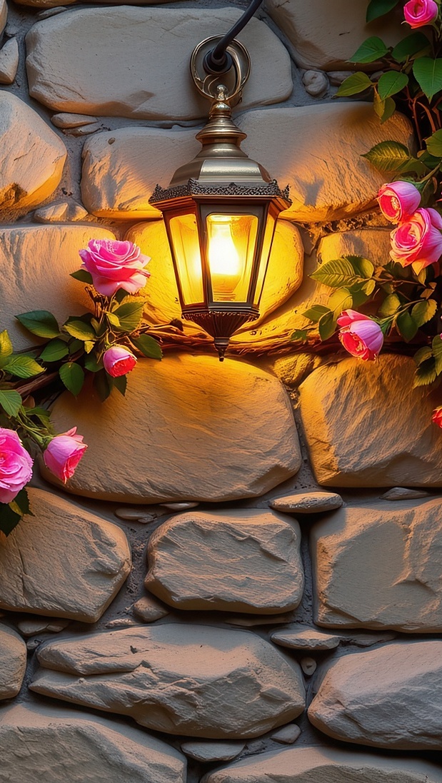 Zapalona lampa i pnące róże na ścianie z kamienia