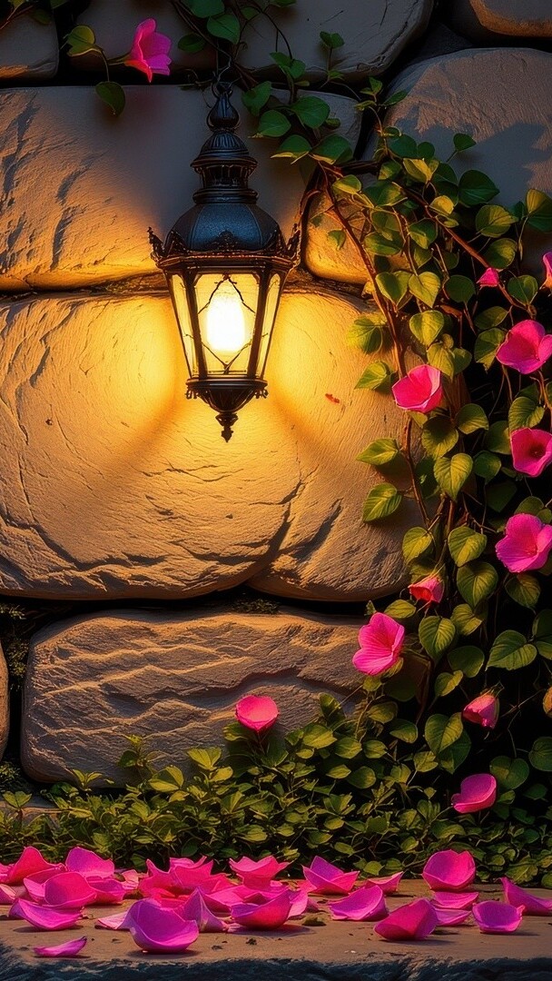 Zapalona lampa i purpurowe kwiaty na kamiennej ścianie