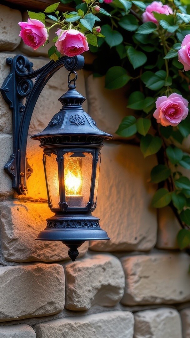 Zapalona lampa i różowe pnące róże na kamiennej ścianie