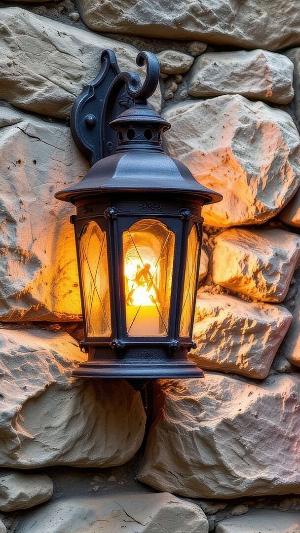 Zapalona lampa na murowanej ścianie