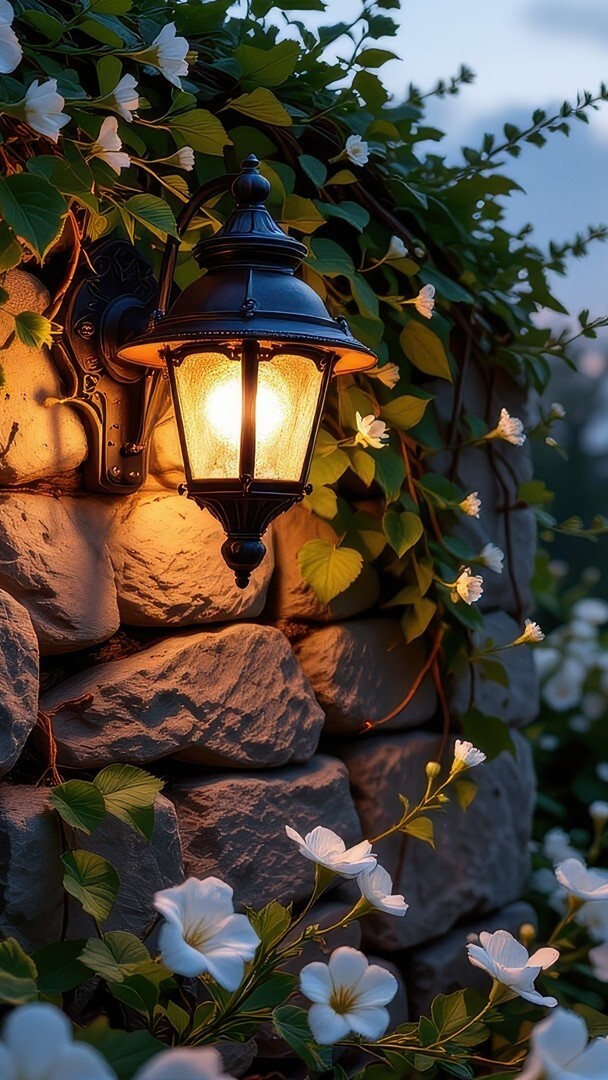 Zapalona latarnia i białe kwiaty na kamiennym murze